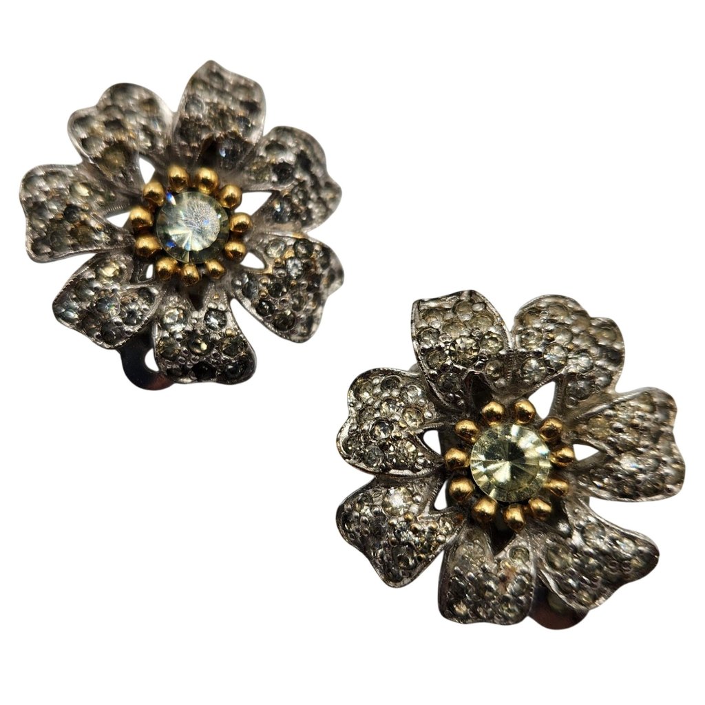 Vintage 1950s Jomaz Rhinestone Flower Clip On Earrings Silver Tone Signed Floral
